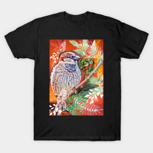 Cute perched white feathered little bird between leaves. T-Shirt